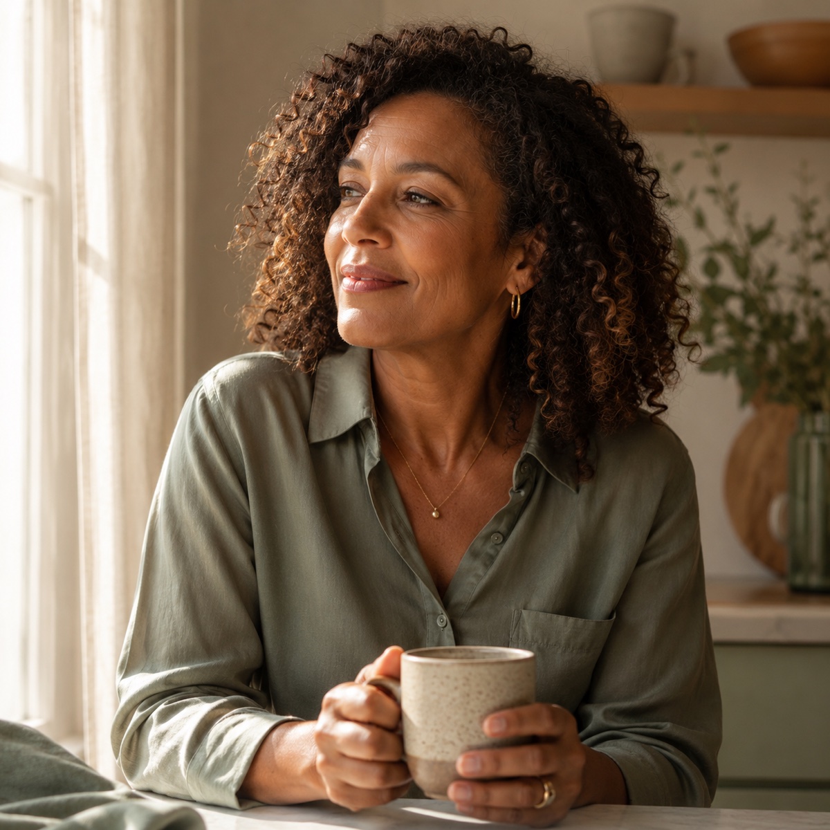 A confident woman in her late 50s holding a warm mug, looking thoughtfully into morning light.
