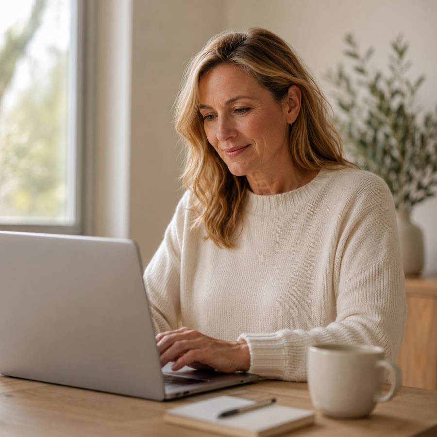Woman taking the Elin symptom quiz on her laptop